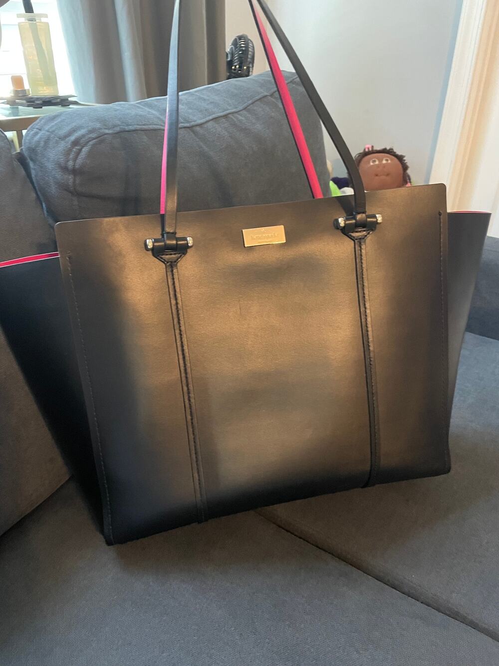 Kate Spade Black Leather Tote Bag Magenta Interior Gold Hardware Work Travel Bag